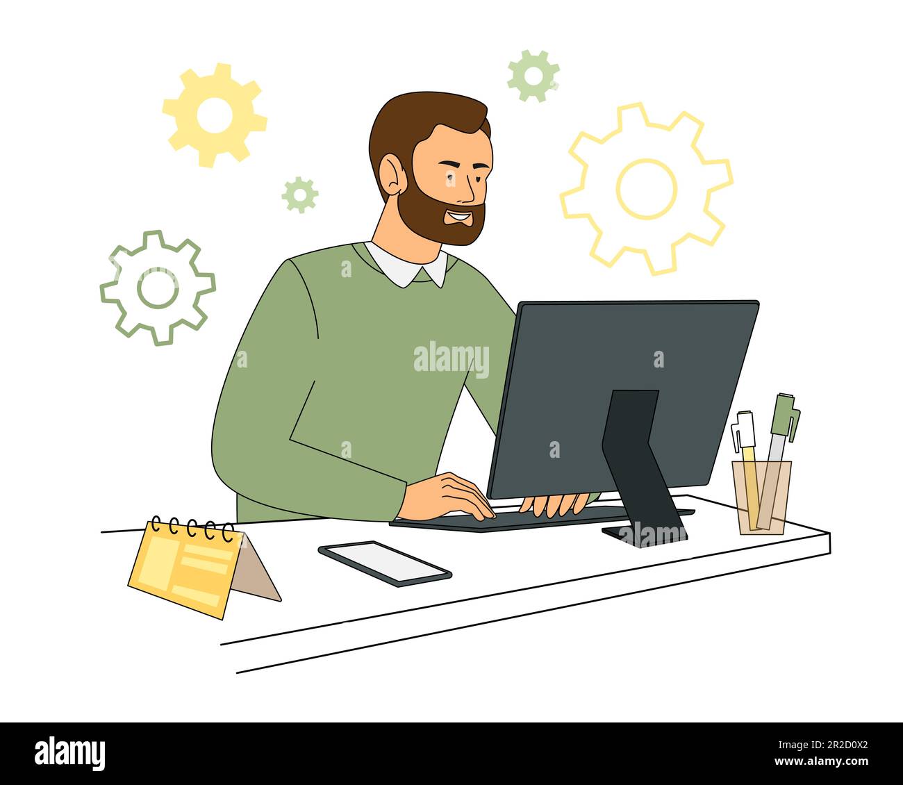 A man working at a table with a computer in home clothes, with a cactus and a cat. Vector illustration in flat cartoon style Stock Vector