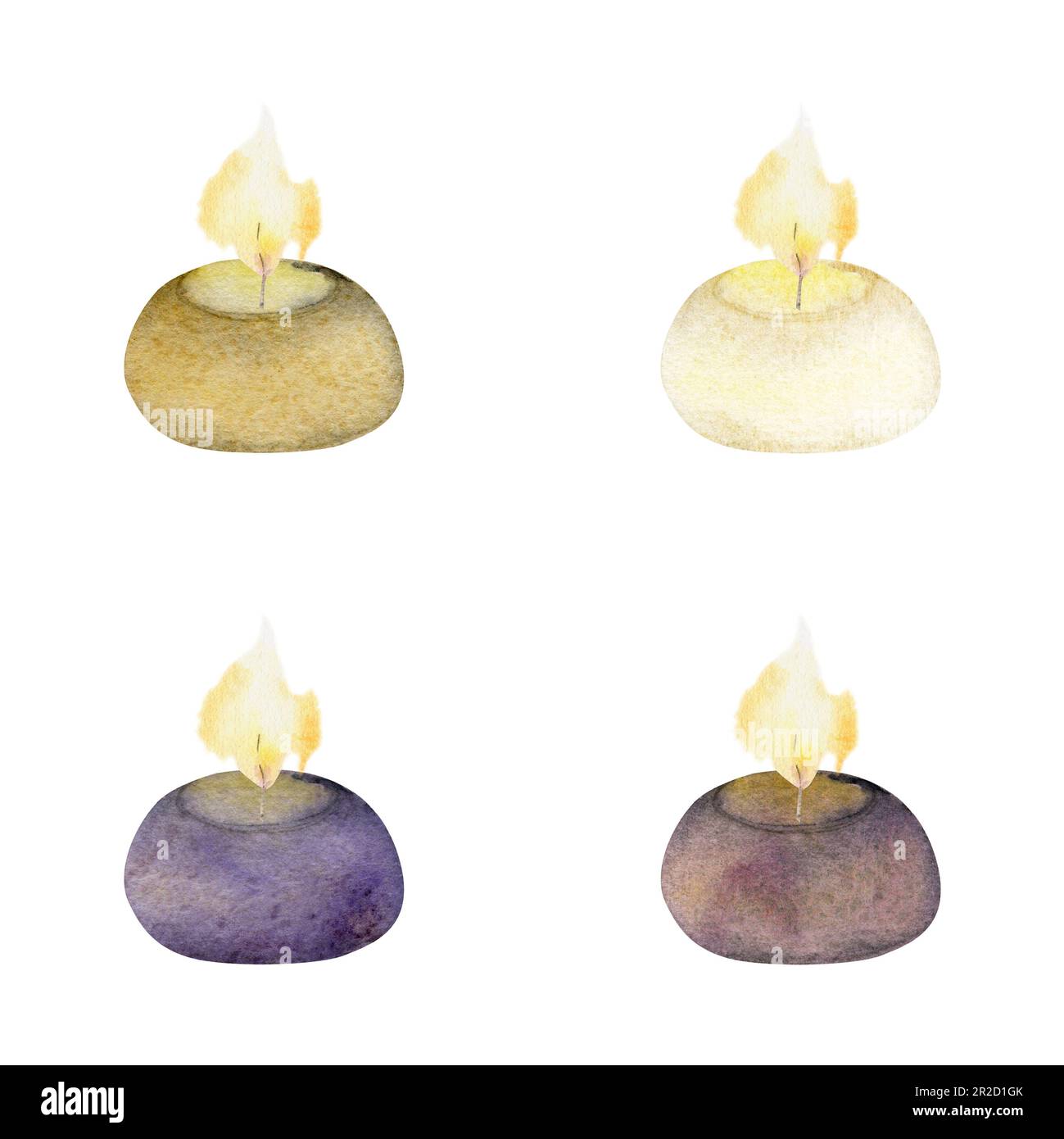 Hand drawn watercolor assorted candles lit with flames. Votives, balls