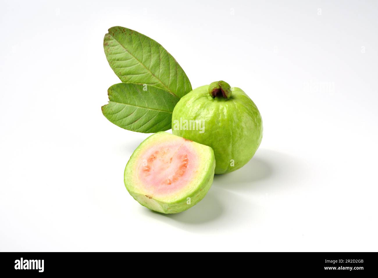 Pink guava fruits isolated on white background.Guava fruit with leaf isolated on white background.Thai Pink guava fruits isolated on white background. Stock Photo