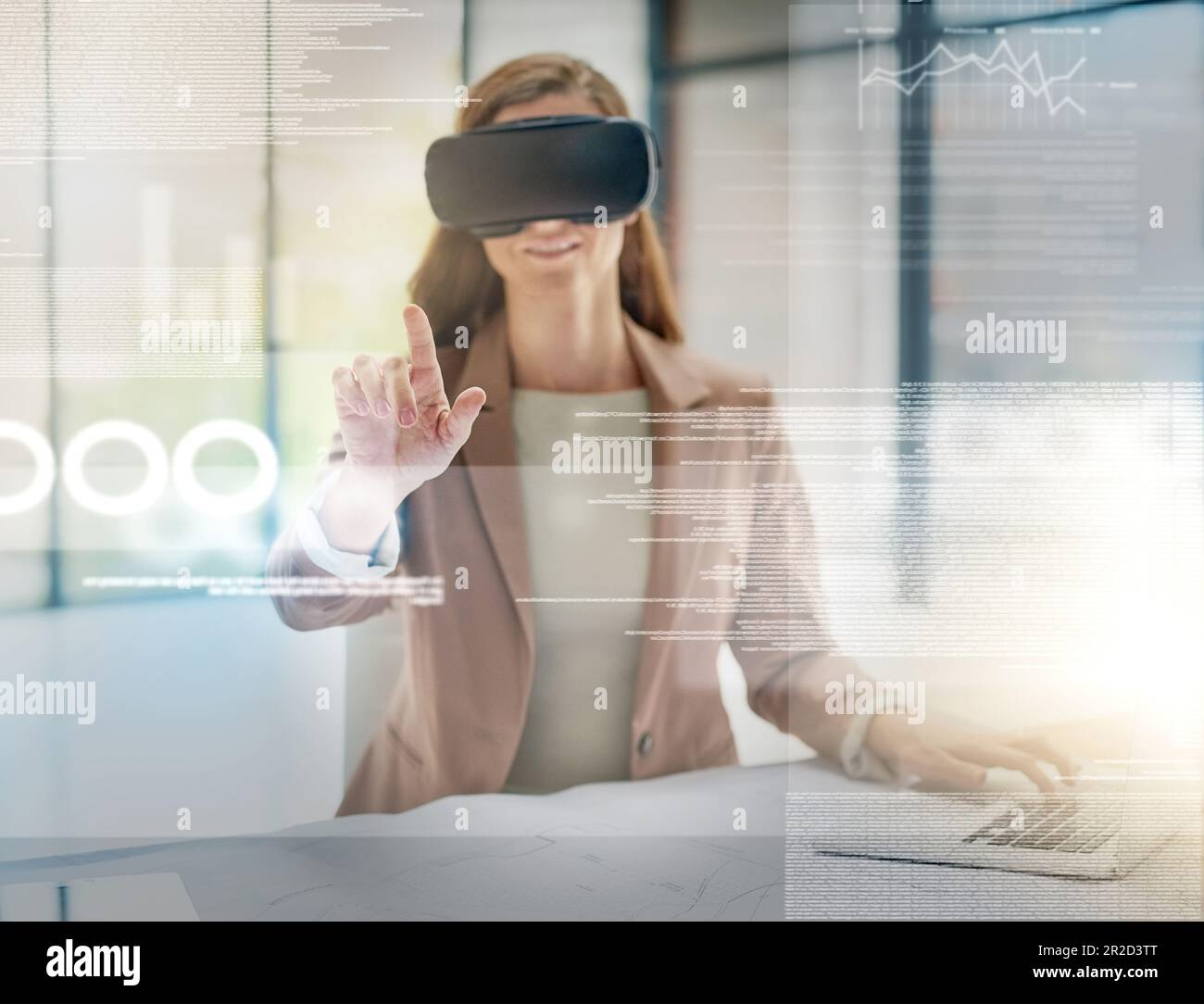 Business woman, VR and analytics on overlay for future data, technology ...