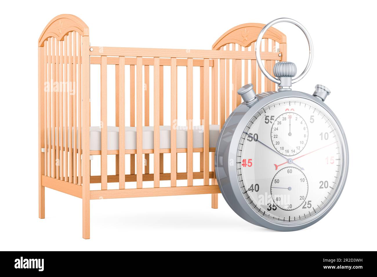 Baby crib, infant bed with stopwatch, 3D rendering isolated on white ...