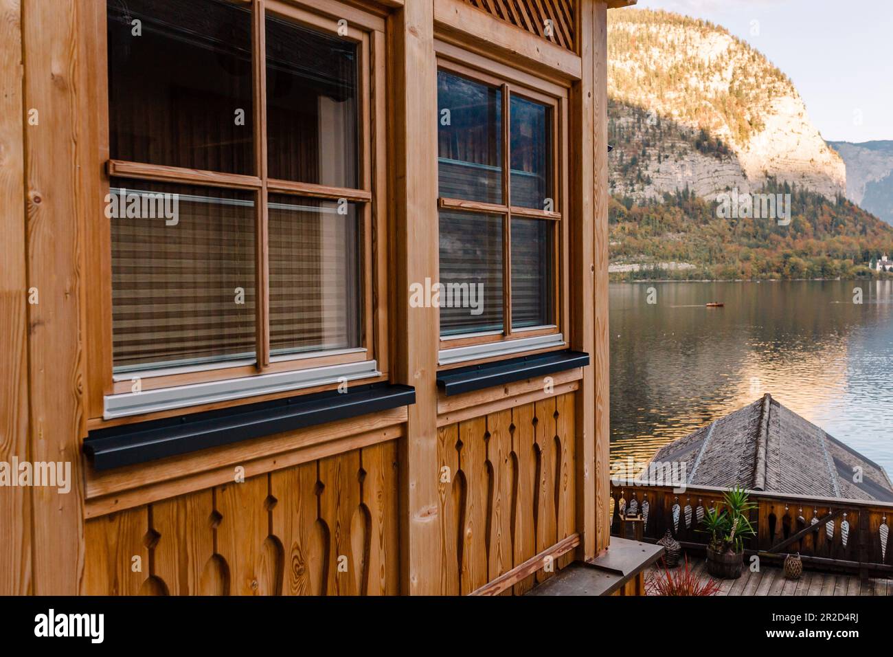 Wooden apartment overlooking Hallstatt Lake and Alpine Mountains Stock