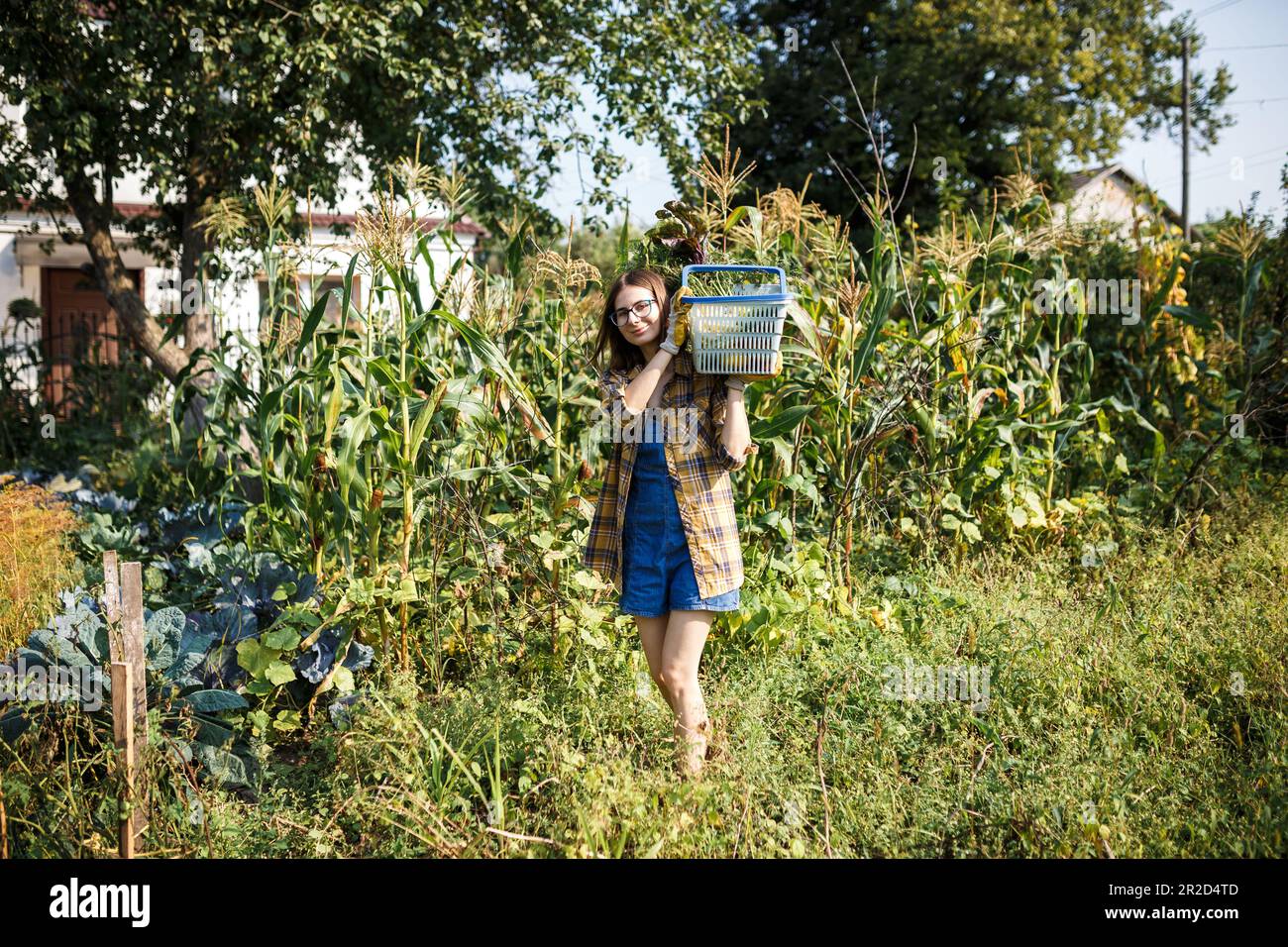 The farmer girl holding basket full of vegetables on green farm Stock Photo