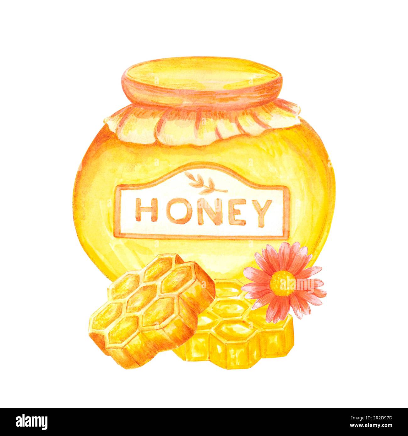 Hand drawn watercolor honey jar and combs composition on white ...