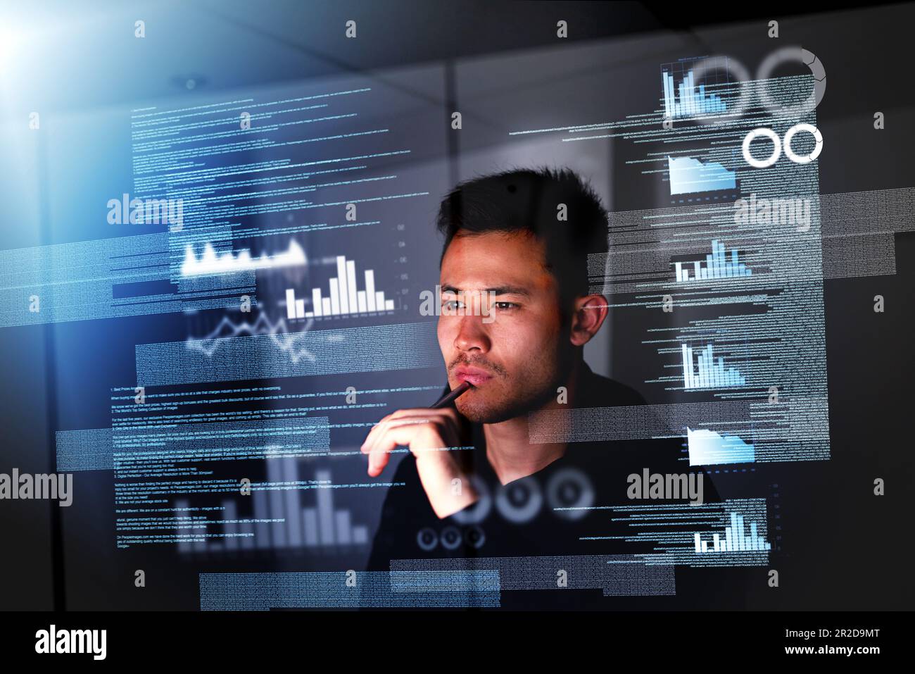 Software Developer Man Japanese Holographic, programmer and Asian man with focus, night and futuristic ...