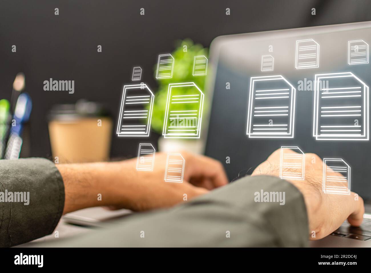 Businessman work from home using laptop with virtual screen. Online