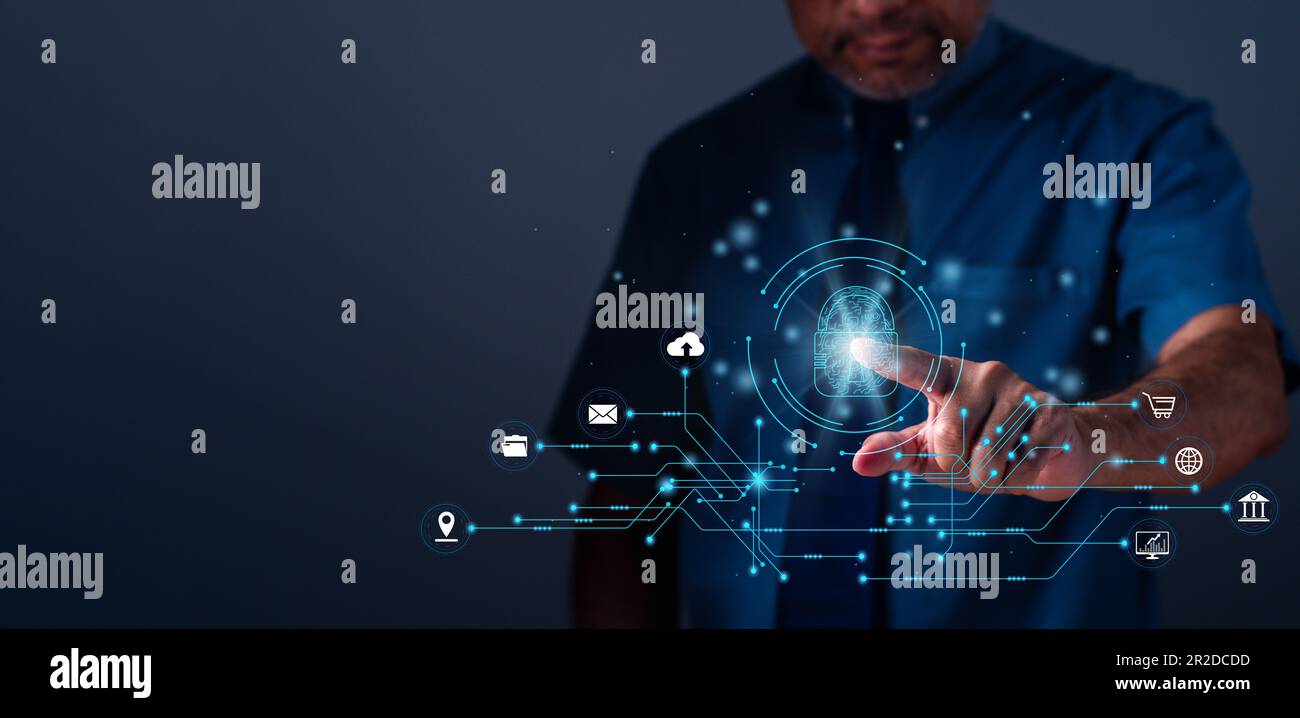 Virtual Privcy Screen Businessman touching to sign in for protecting personal data with ...