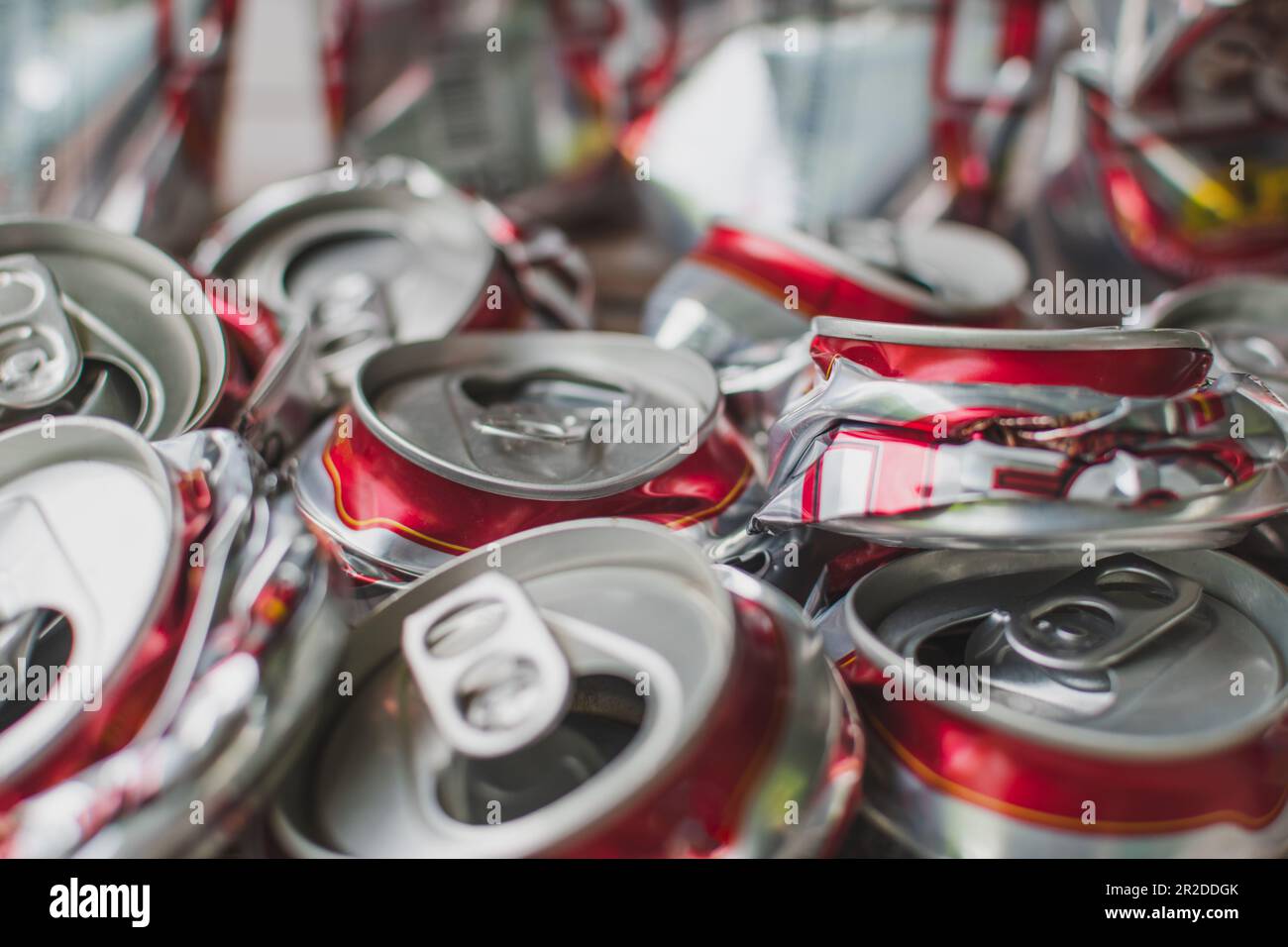 recycling concept, closeup crush a group can beer aluminium to recycle