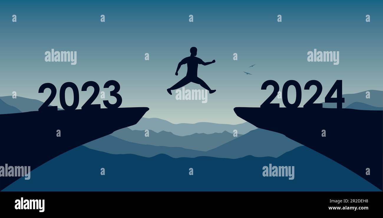 man jumping over a cliff from 2023 to 2024 happy new year Stock Vector