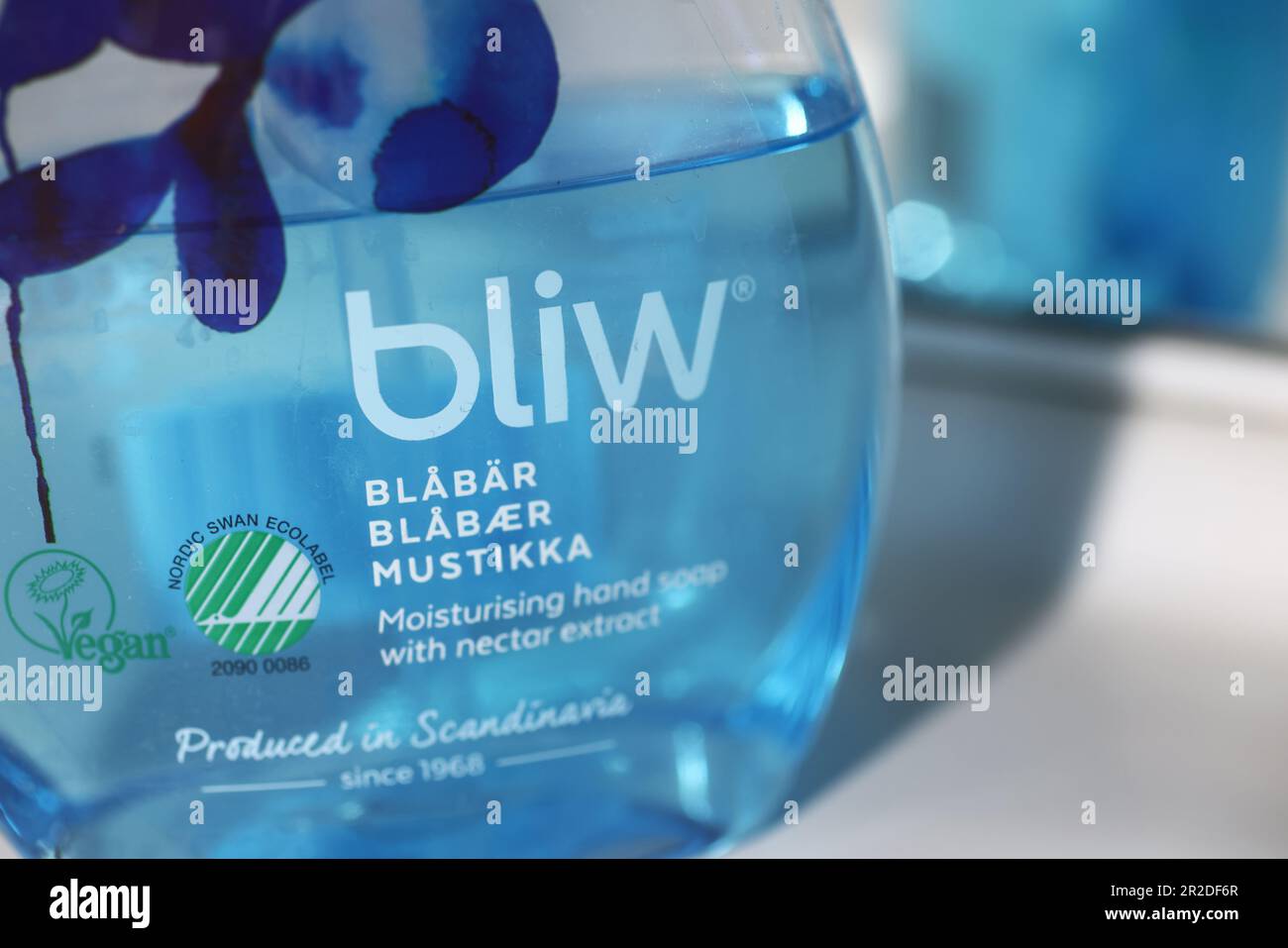 Different kinds of products in a bathroom, Bliw hand soap. Stock Photo