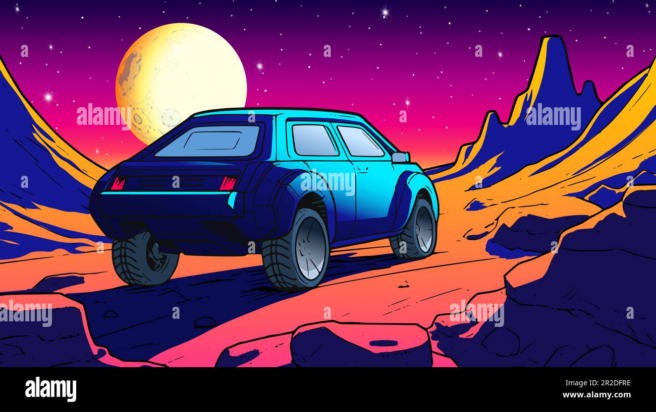 Offroad car on alien planet landscape in 80s synthwave or comics style. Travel truck on Mars mountain track, sci-fi scene. Stock Vector