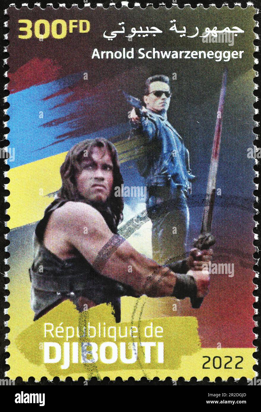 Arnold Schwarzenegger in his movies on postage stamp Stock Photo