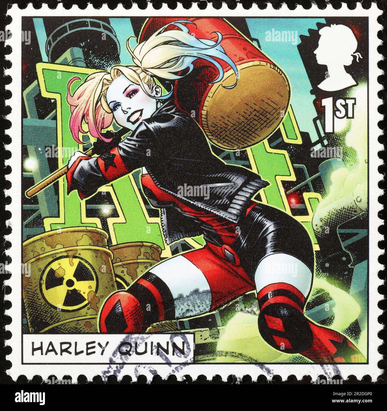 Cartoon Harley Quinn on british postage stamp Stock Photo