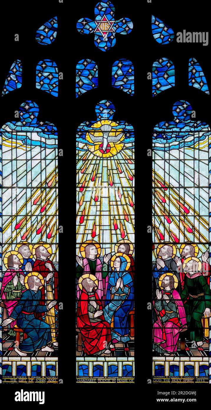 Mary and the apostles receiving the gift of the Holy Spirit by Joseph Nuttgens (1953), Ormskirk Parish Church, Lancashire, UK Stock Photo