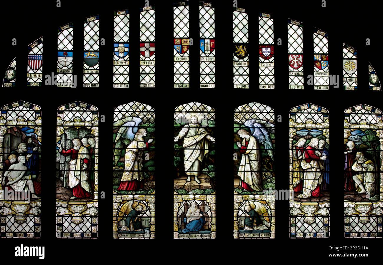 The commemorative window 'to those who gave up their lives' in WWI, Ormskirk Parish Church, Lancashire Stock Photo