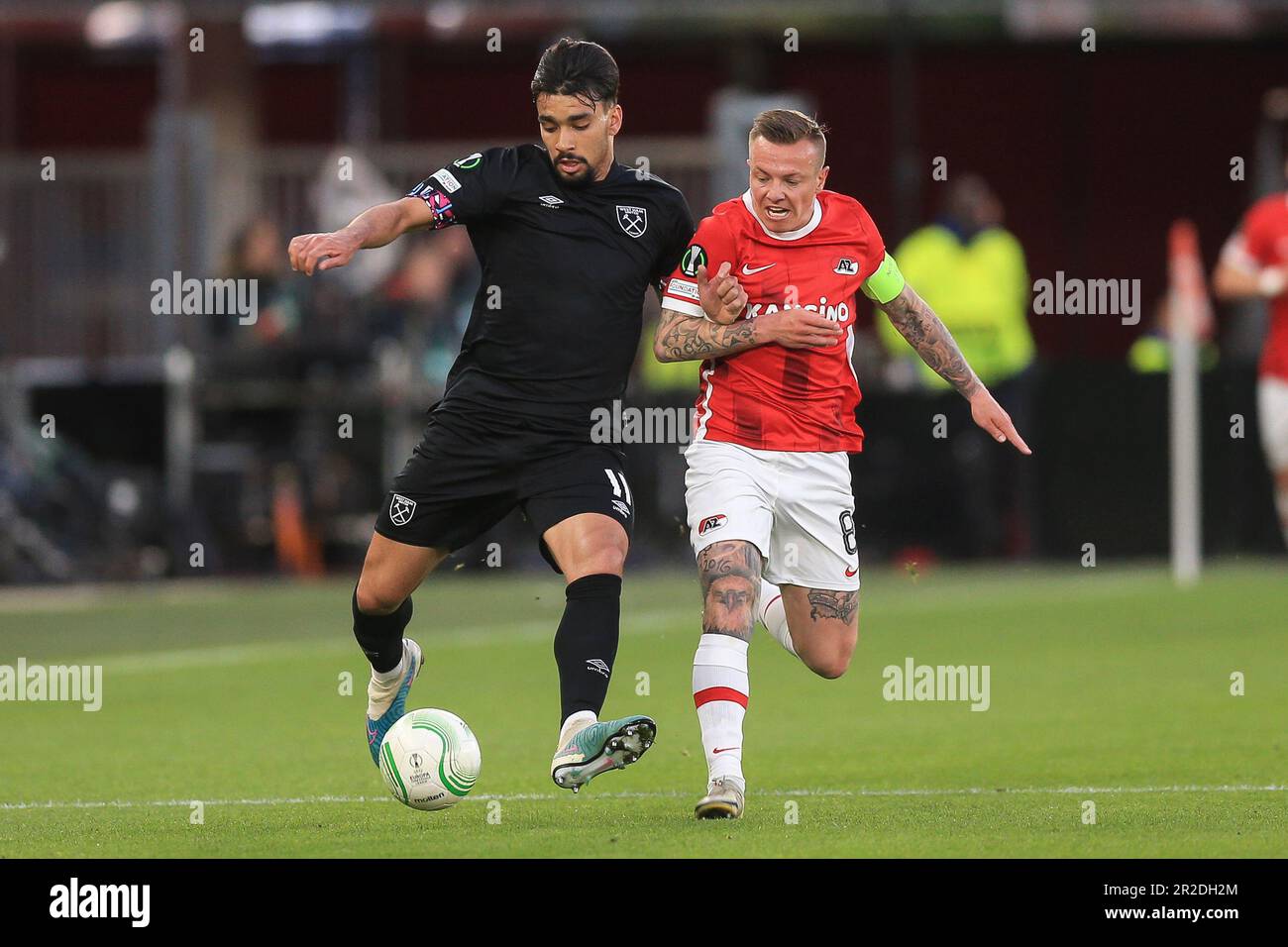 Amsterdam, Netherlands. 18th May, 2023. Lucas Paqueta of West Ham United and Jordy Clasie of AZ Alkmaar during the UEFA Conference League Semi Final second leg match between AZ Alkmaar and West Ham United at AFAS Stadion on May 18th 2023 in Amsterdam, Netherlands. (Photo by Daniel Chesterton/phcimages.com) Credit: PHC Images/Alamy Live News Stock Photo
