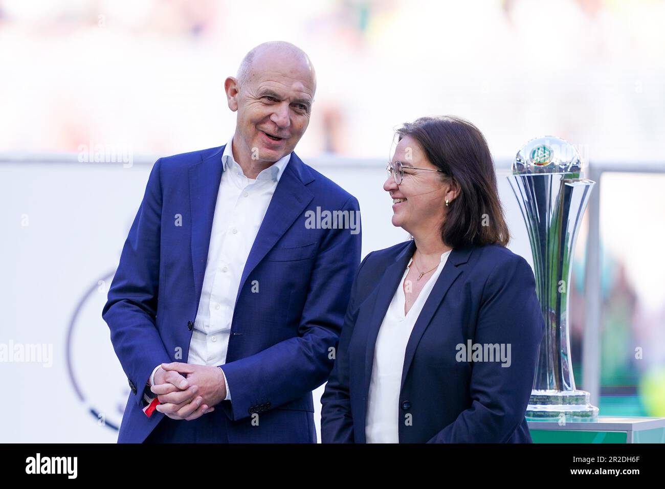 Cologne, Germany. 18th May, 2023. DFB president Bernd Neuendorf and DFB general secretary Heike Ullrich during the medal ceremony during the DFB Pokal Final football match between VFL Wolfsburg and SC Freiburg at RheinEnergieSTADION in Cologne, Germany. (Daniela Porcelli/SPP) Credit: SPP Sport Press Photo. /Alamy Live News Stock Photo