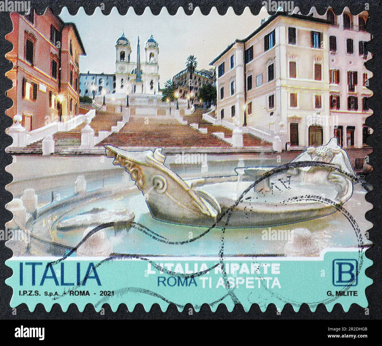 Fontana della Barcaccia in Rome on italian stamp Stock Photo