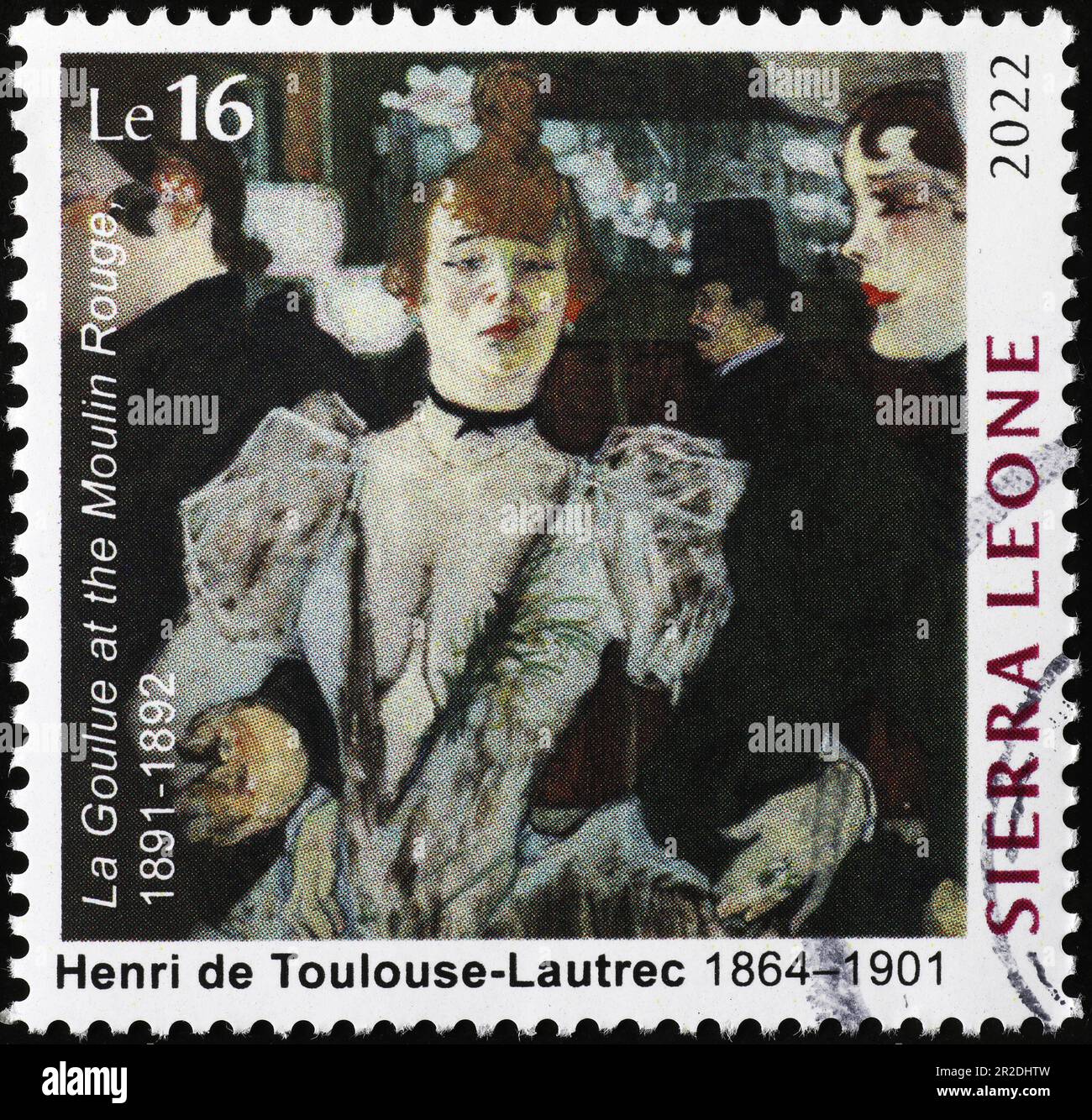 La goulue at the moulin rouge by Toulouse-Lautrec on postage stamp Stock Photo