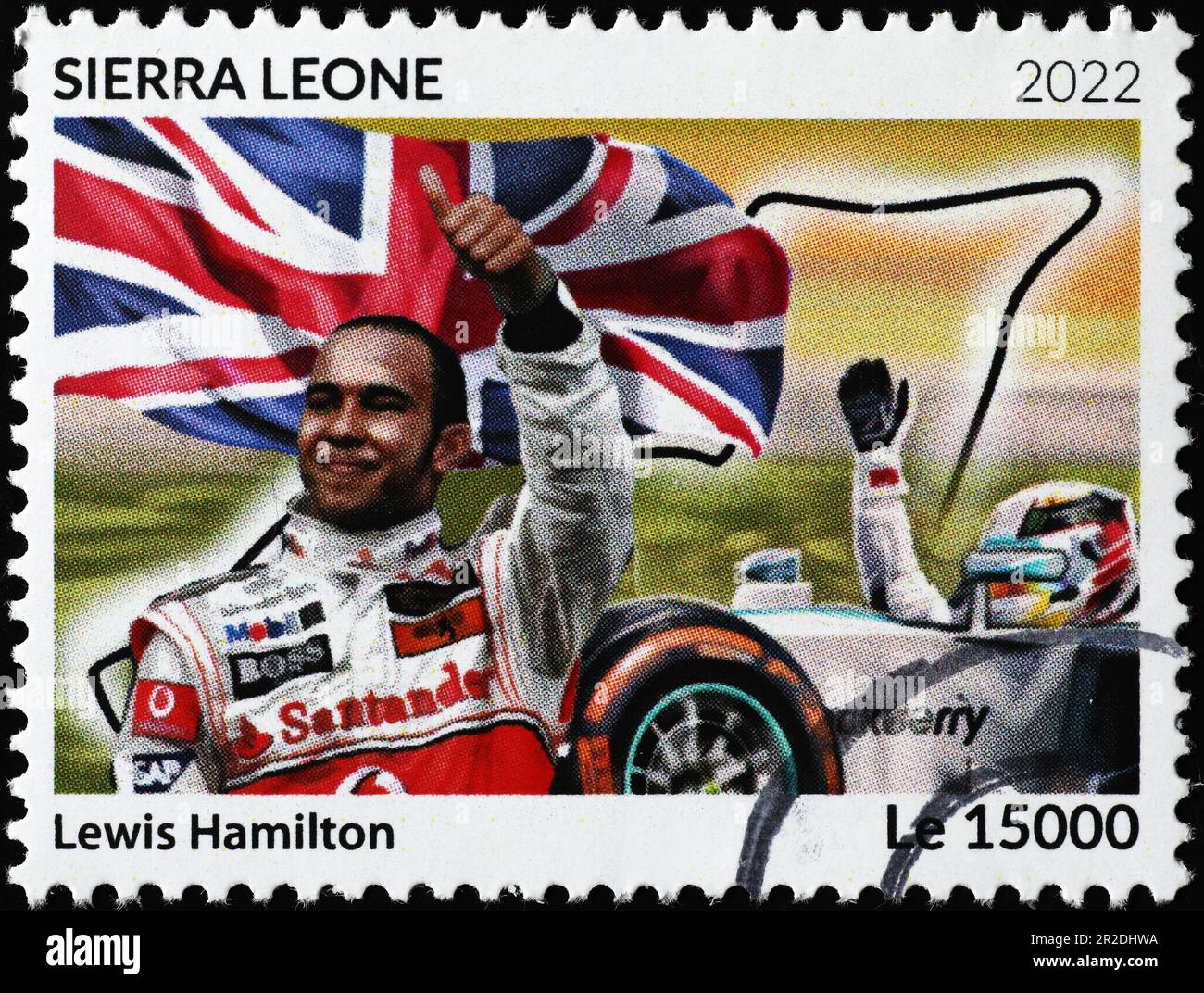 Lewis Hamilton exulting for a victory on postage stamp Stock Photo
