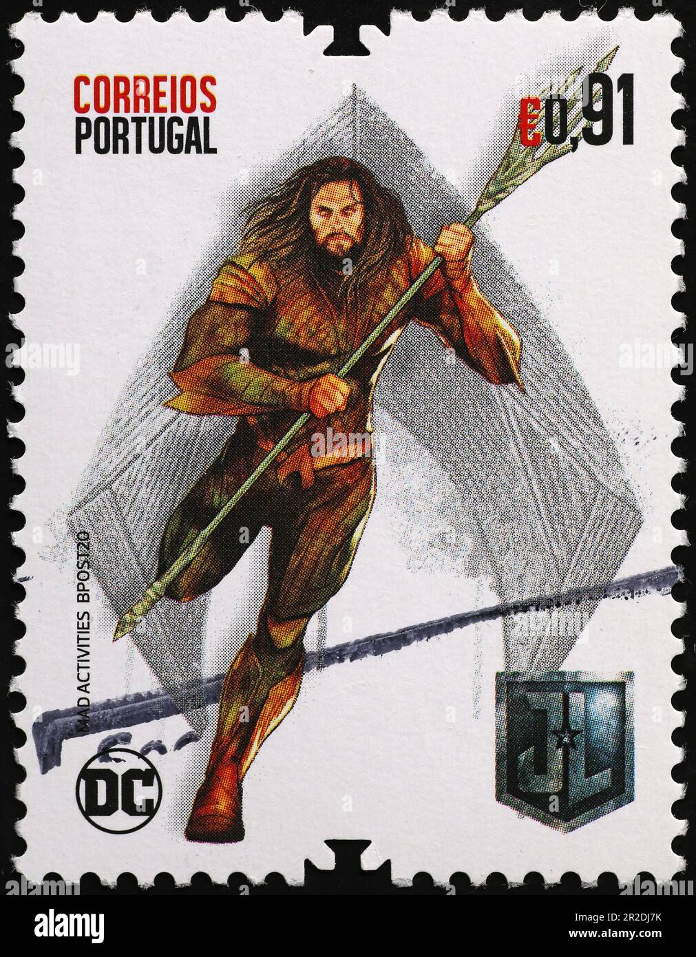 Superhero Aquaman on portuguese postage stamp Stock Photo