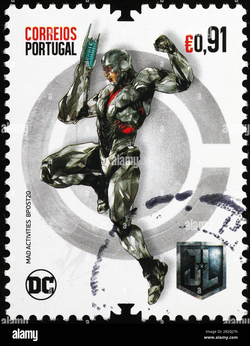 Superhero Cyborg on portuguese postage stamp Stock Photo