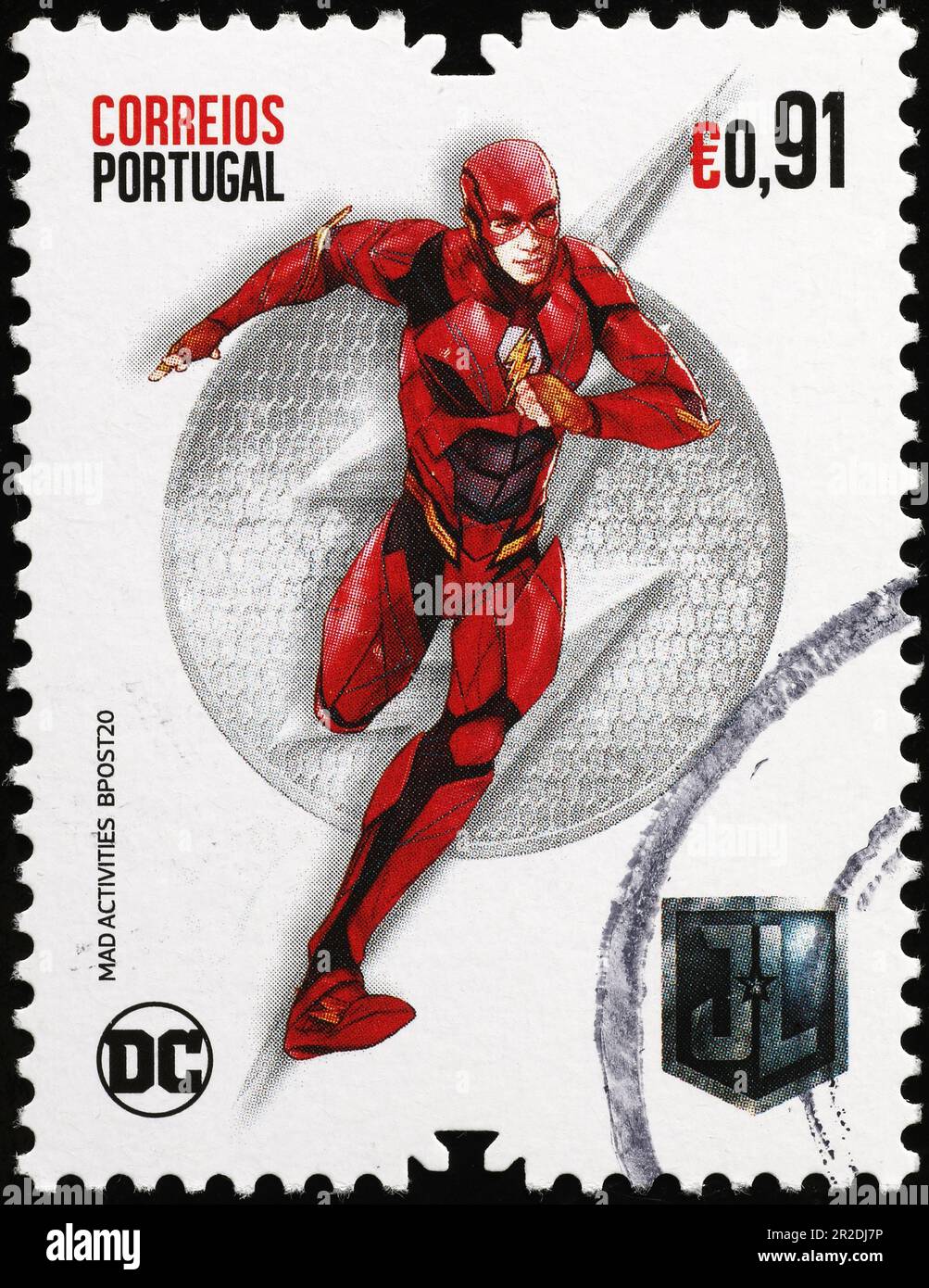Superhero Flash on portuguese postage stamp Stock Photo