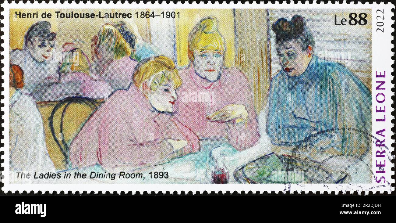 The ladies in the dining room by ToulouseLautrec on postage stamp