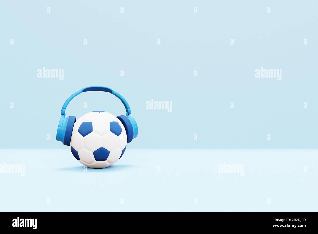 Soccer ball wearing in headphones on blue background.3d render Stock