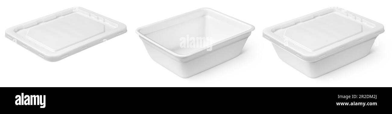 Set of empty open and closed white styrofoam food container with plastic lid isolated on white background with clipping path Stock Photo