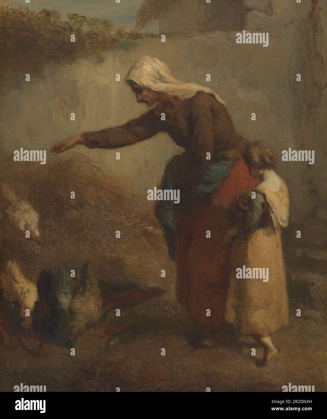 Woman Feeding Chickens Date: 1846/48 Artist: Jean-François Millet French, 1814-1875 Stock Photo