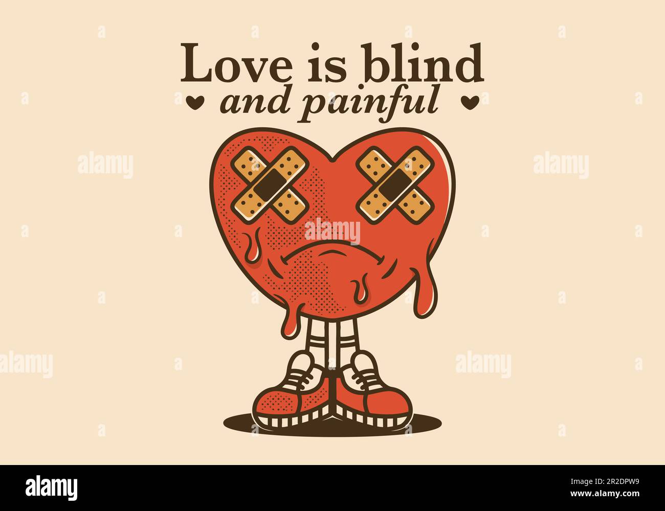 Vintage mascot character of heart with sad expression Stock Vector