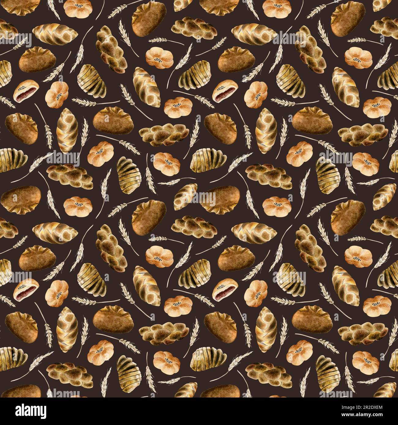 Dark brown fresh bread and sweet buns seamless pattern. Various types of bakery. Organic rural pastries products, loafs, challah with ears of wheat wa Stock Photo