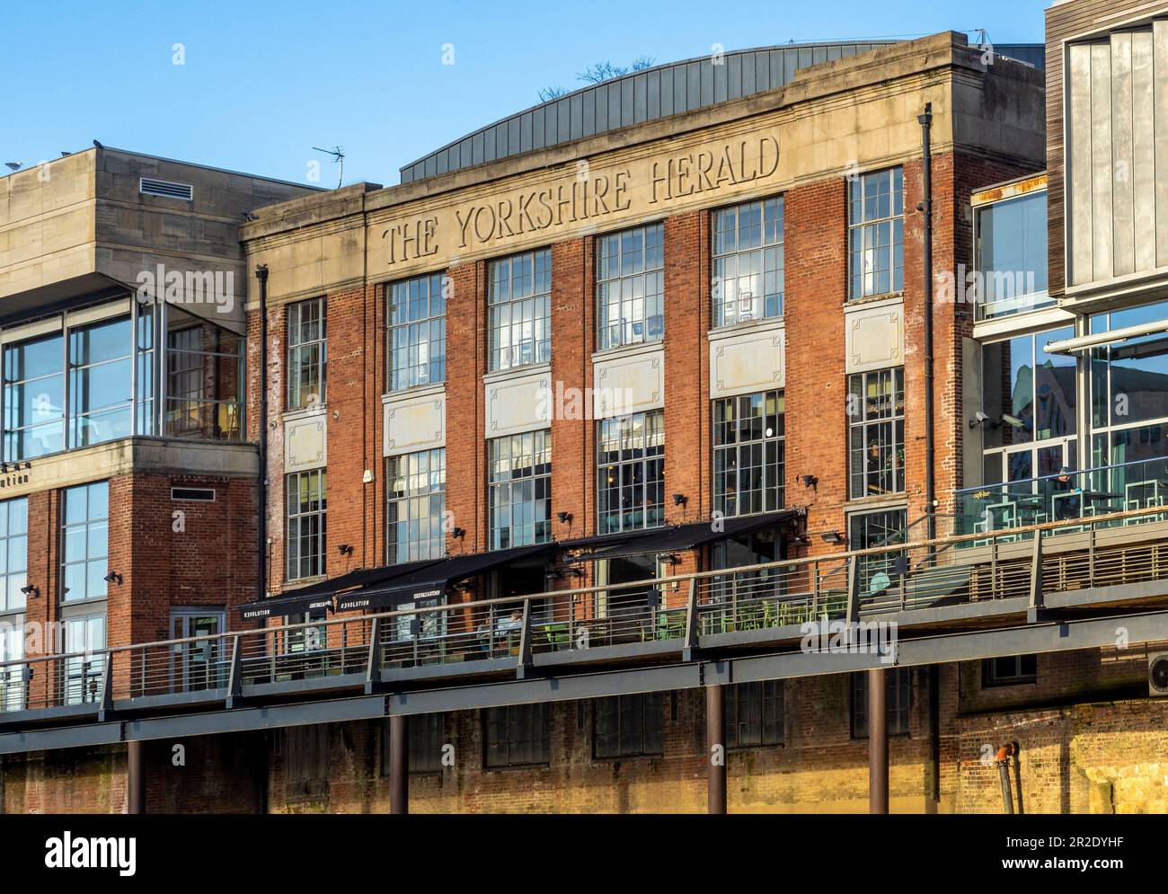 Riverside bar housed in the old Yorkshire Herald building on the bank of the river Ouse in York. UK Stock Photo