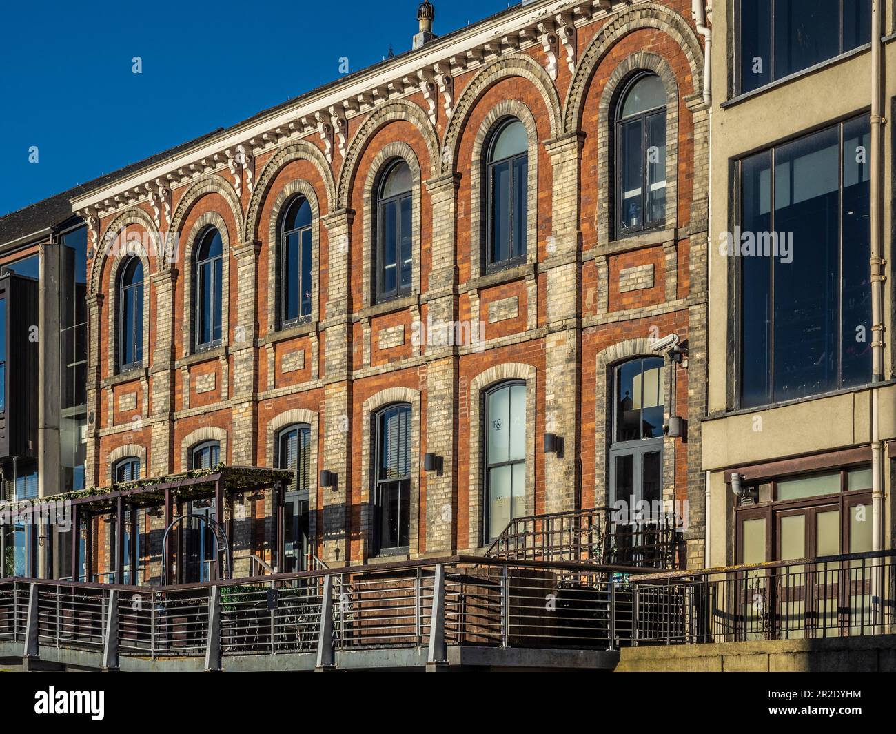 Red brick facade of Ebor Hall, now a restaurant overlooking the river Ouse in York.  North Yorkshire Stock Photo