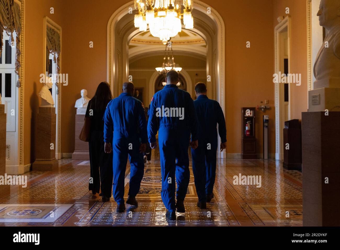 Washington, United States Of America. 18th May, 2023. The crew of the Artemis II mission around the moon, NASA astronauts Reid Wiseman, Victor Glover, Christina Hammock Koch and Canadian Space Agency astronaut Jeremy Hansen, walk through the United States Capitol in Washington, DC, Thursday, May 18, 2023. Credit: Julia Nikhinson/CNP/Sipa USA Credit: Sipa USA/Alamy Live News Stock Photo
