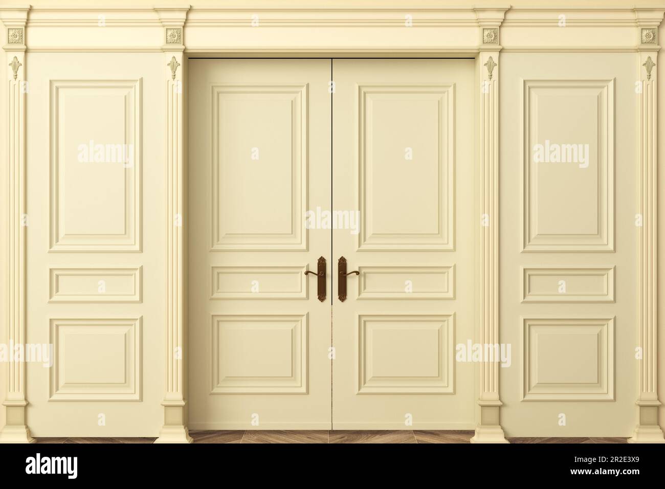 White double classic wooden big door on wall Stock Photo
