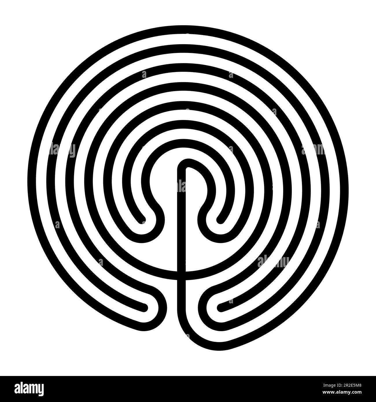 Circle shaped Cretan labyrinth. Classical design of a single path in seven courses, as depicted on silver coins from Knossos. Stock Photo