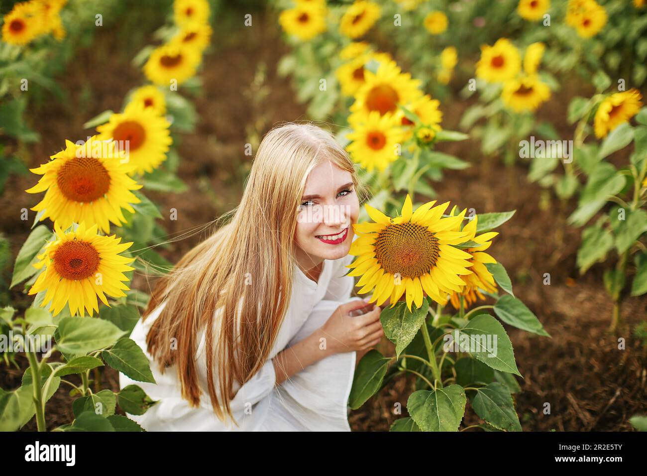 Happy girl on the field of sunflowers in summer Stock Photo - Alamy
