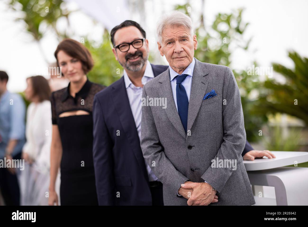 James Mangold and Harrison Ford pose for photographers at the photo call for the film 'Indiana Jones and the Dial of Destiny' at the 76th international film festival, Cannes, southern France, Friday, May 19, 2023. (Photo by Vianney Le Caer/Invision/AP) Stock Photo