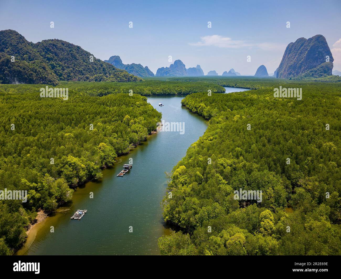 Aerial view of a huge mangrove forest and towering limestone pinnacles