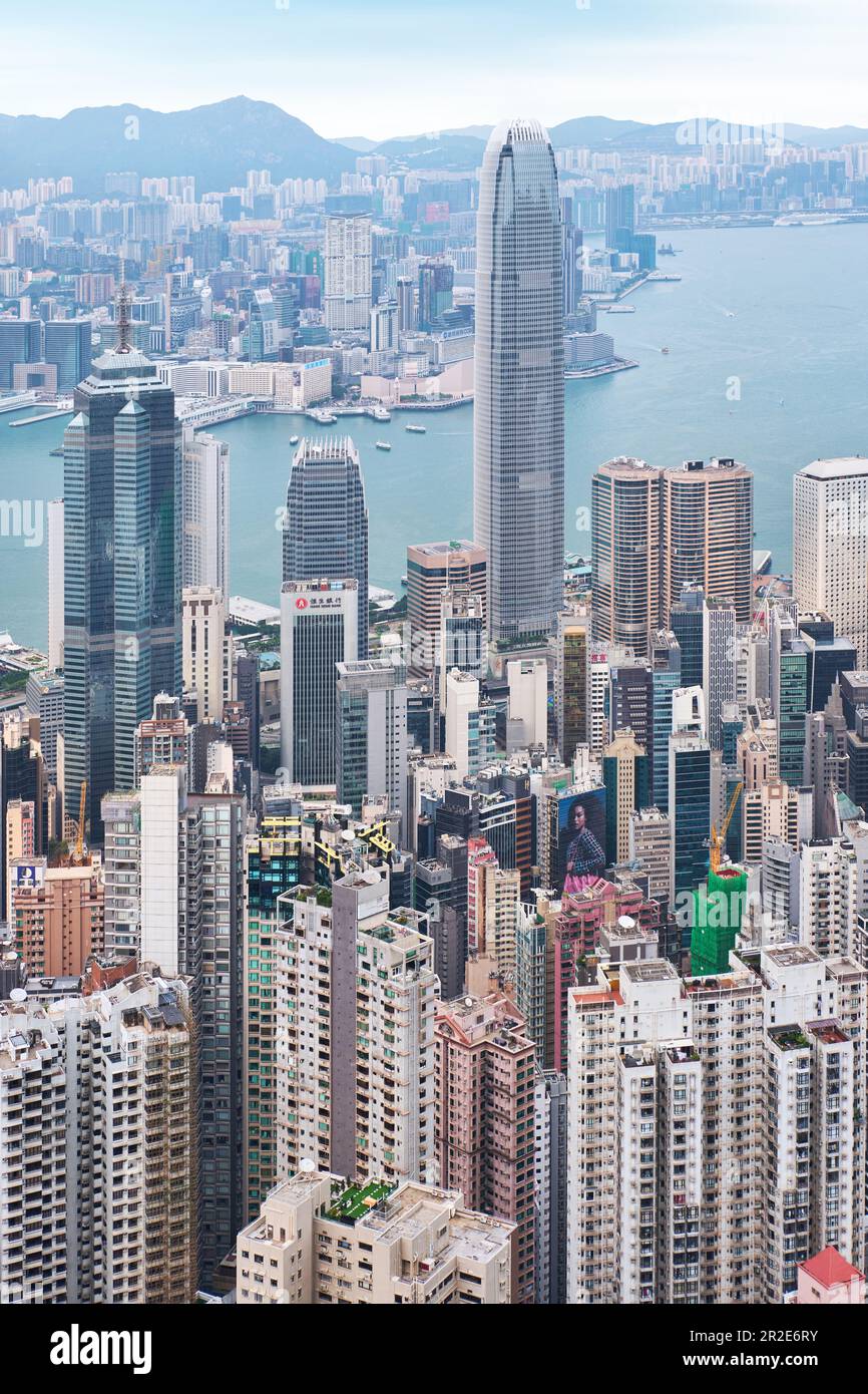 Hong Kong SAR, China - April 2023: Cityscape skyline seen from Lugard Road on Victoria Peak. Magneficent high rise architecure and settlement of HK Stock Photo