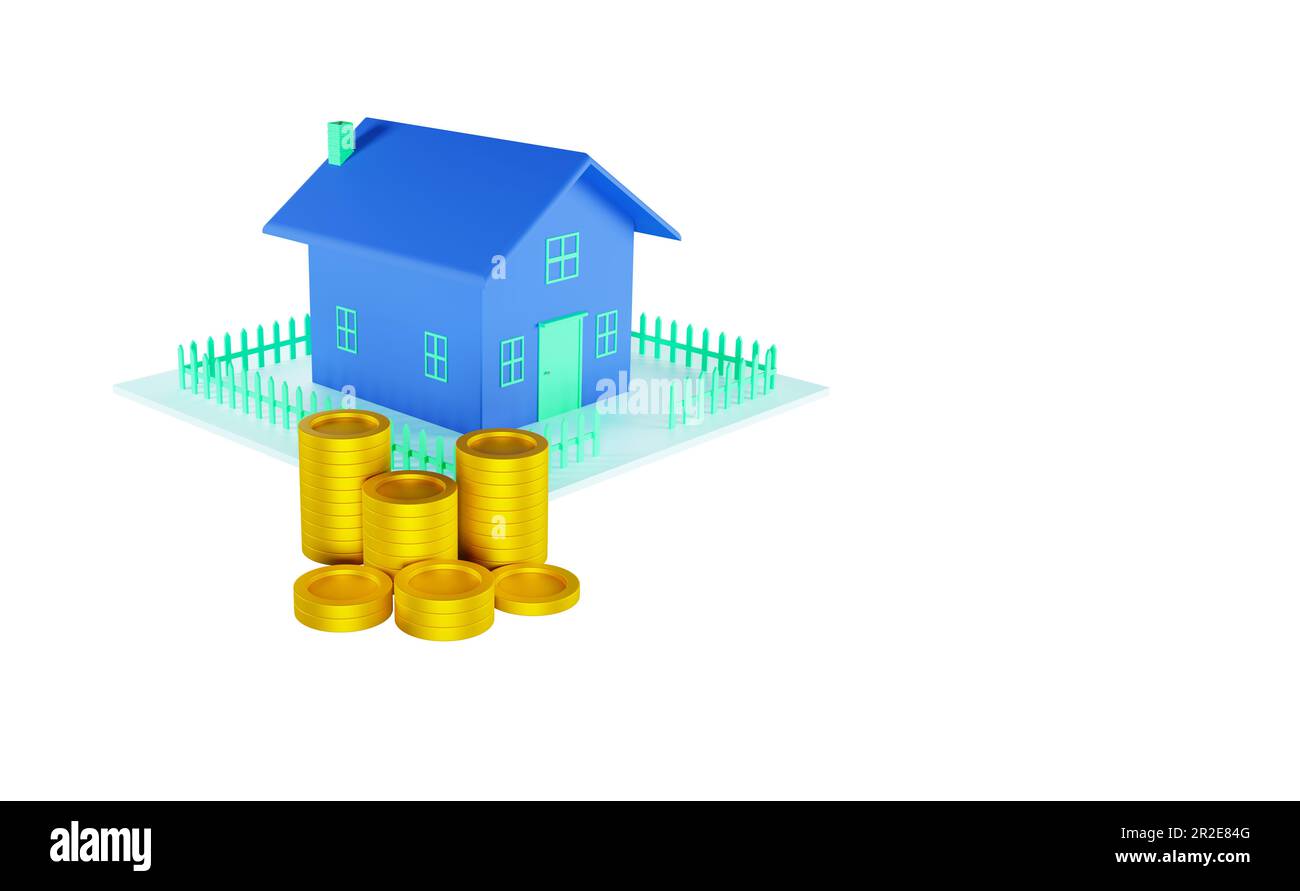 3d rendering Home and gold coins on white background illustration copy ...