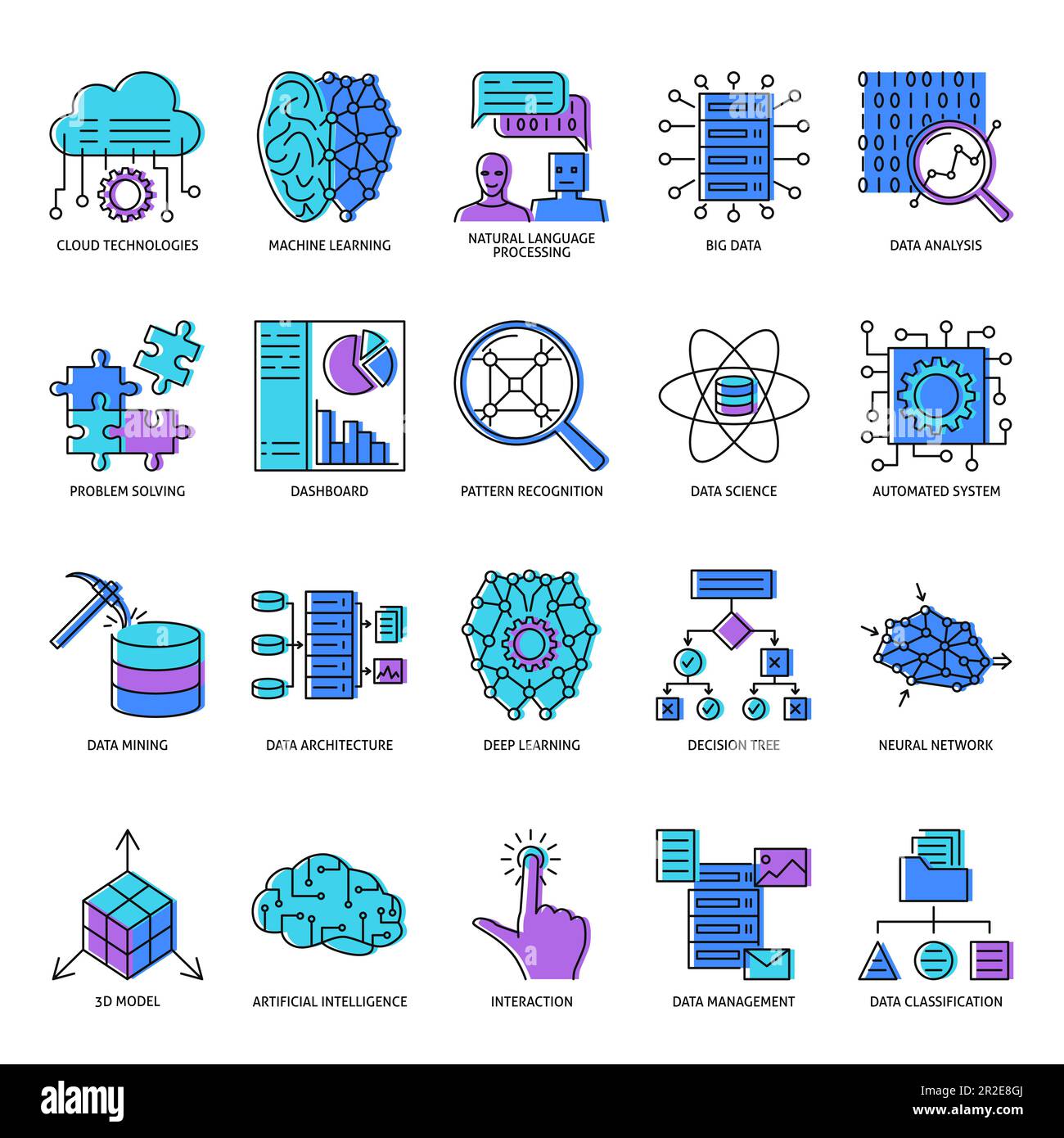Machine learning icon set in colored line style. Artificial ...