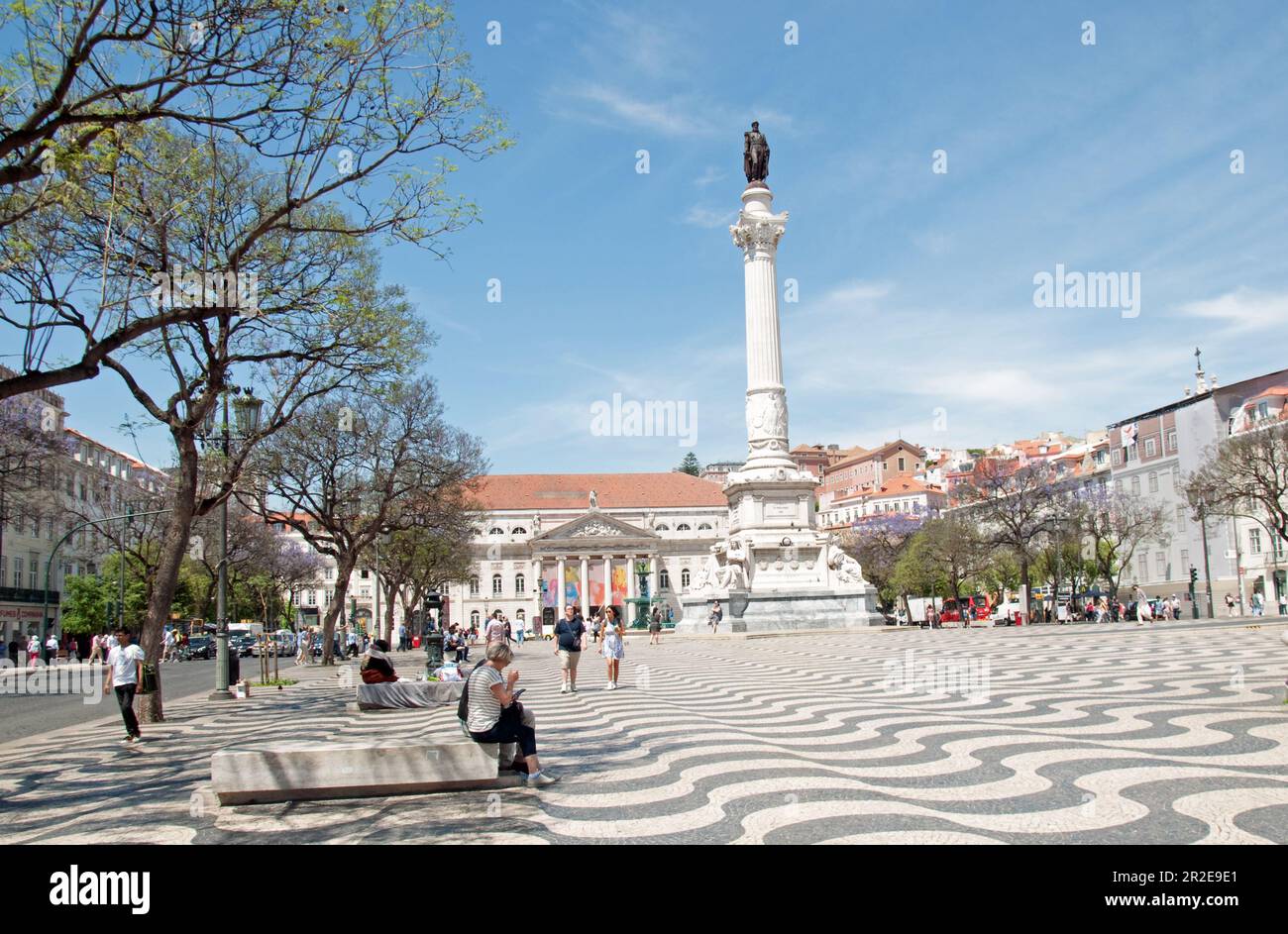 Rossio Square with an enormous Statue of Don Pedro IV and fountain, Rossio Square, Lisbon, Portugal Stock Photo
