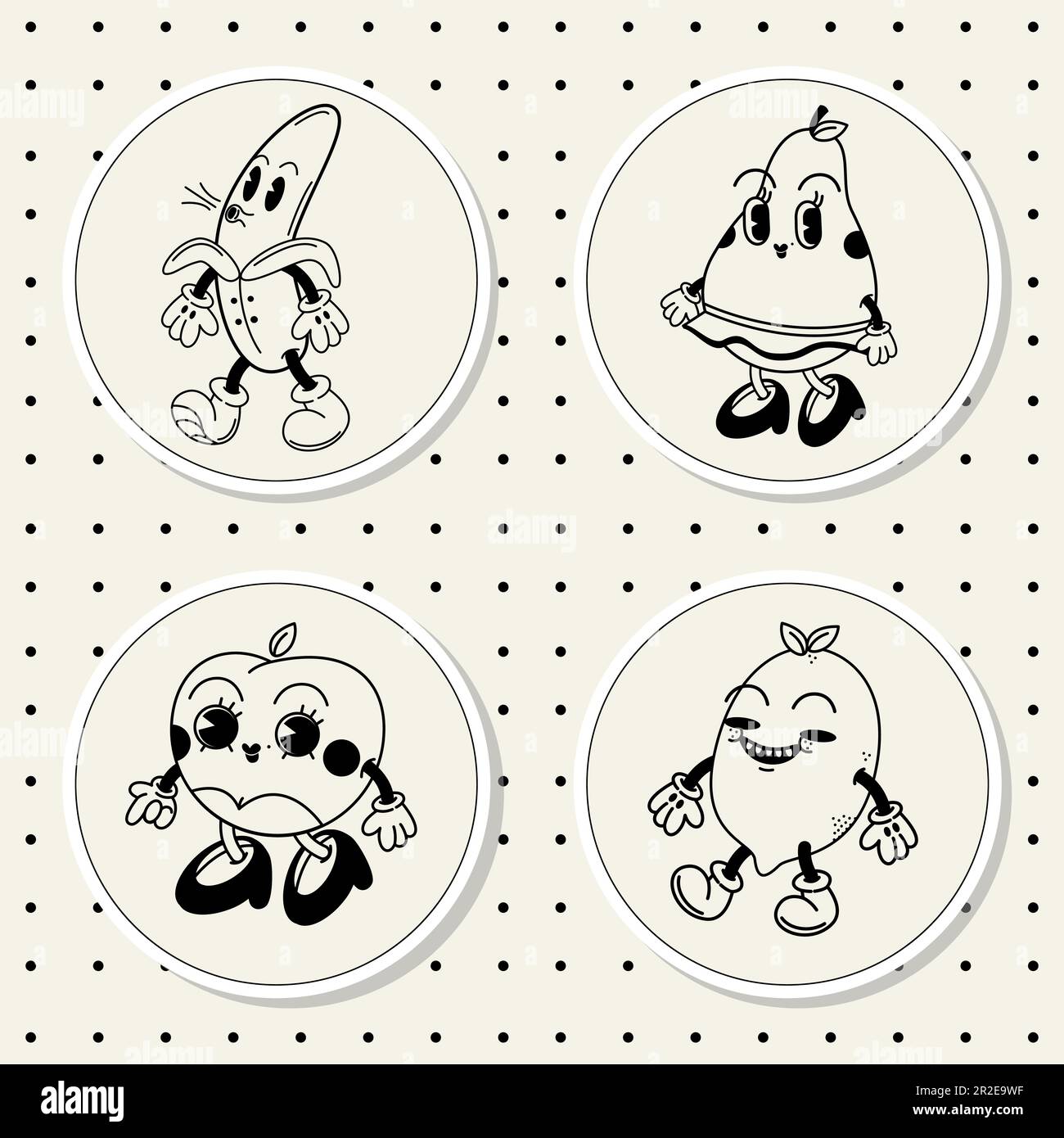 Ftuits groovy illustration stickers retro style Stock Vector