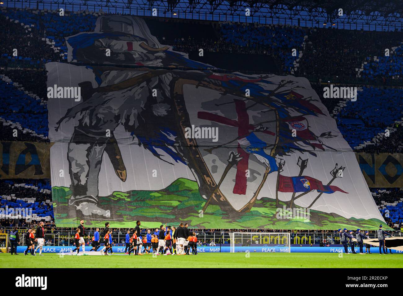 Milan, Italy. 16 May 2023. Fans of FC Internazionale in sector 'Curva Nord' display a giant tifo prior to the UEFA Champions League semifinal second leg football match between FC Internazionale and AC Milan. Credit: Nicolò Campo/Alamy Live News Stock Photo