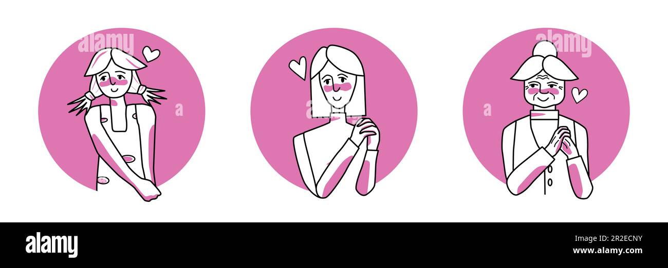 Female in love circle icons set. Collection of beloved young, adult and old women with passion, smiling. Pink and white colors, line art drawing human Stock Vector