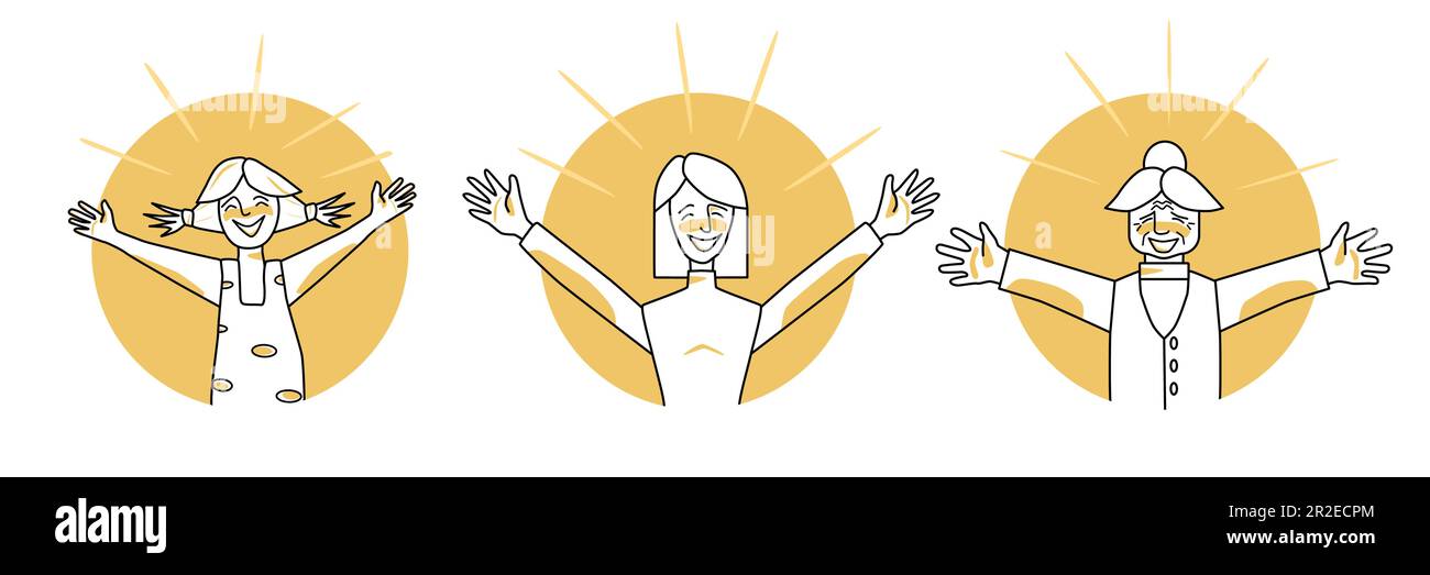 Happy female set circle icons. Young, adult and old women with emotion of happiness, smiling, open arms, joyful sun rays. Orange color, line art drawi Stock Vector