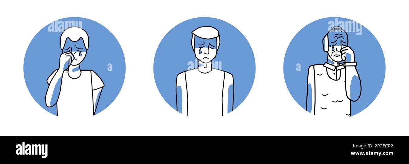 Sad male circle icons set. Young, adult and old men with sadness, emotion of melancholy, crying with tears. Blue and white color, line art drawing hum Stock Vector